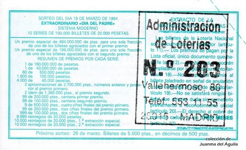 Reverso del décimo de Lotería Nacional de 1994 Sorteo 23