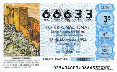 Décimo de Lotería Nacional de 1994 Sorteo 25 - «CASTILLOS DE ESPAÑA» - ALBURQUERQUE (BADAJOZ)