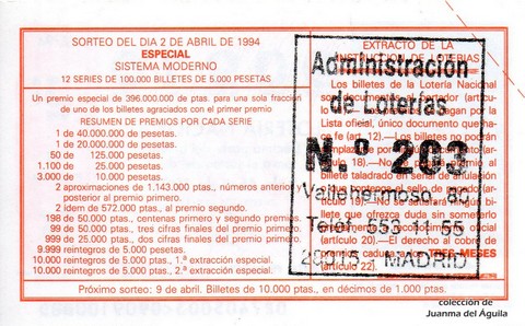 Reverso del décimo de Lotería Nacional de 1994 Sorteo 27