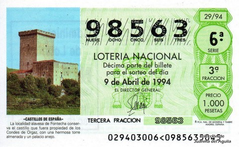 Décimo de Lotería Nacional de 1994 Sorteo 29 - «CASTILLOS DE ESPAÑA» - DE LOS CONDES DE ORGAZ EN FONTECHA