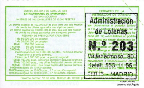 Reverso del décimo de Lotería Nacional de 1994 Sorteo 29