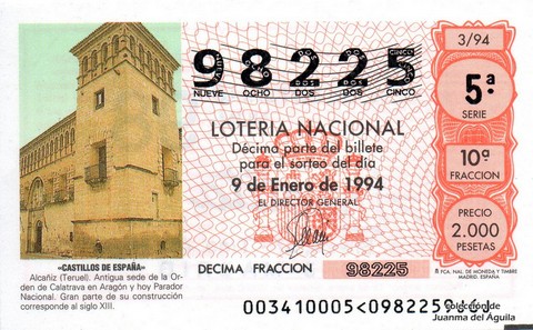 Décimo de Lotería Nacional de 1994 Sorteo 3 - «CASTILLOS DE ESPAÑA» - ALCAÑIZ (TERUEL)