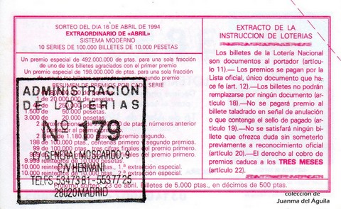 Reverso del décimo de Lotería Nacional de 1994 Sorteo 31