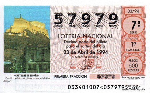 Décimo de Lotería Nacional de 1994 Sorteo 33 - «CASTILLOS DE ESPAÑA» - CASTILLO DE MONZÓN