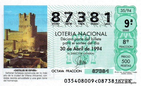 Décimo de Lotería Nacional de 1994 Sorteo 35 - «CASTILLOS DE ESPAÑA» - FORTALEZA DE VILLENA (ALICANTE)