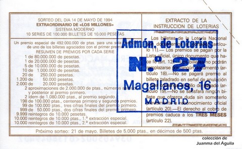 Reverso del décimo de Lotería Nacional de 1994 Sorteo 39