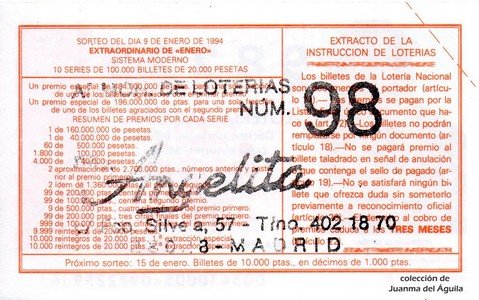 Reverso del décimo de Lotería Nacional de 1994 Sorteo 3