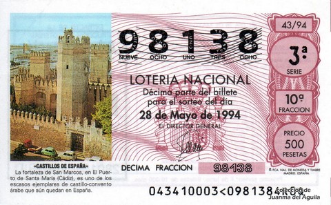 Décimo de Lotería Nacional de 1994 Sorteo 43 - «CASTILLOS DE ESPAÑA» - FORTALEZA DE SAN MARCOS, PUERTO DE SANTA MARÍA (CÁDIZ)