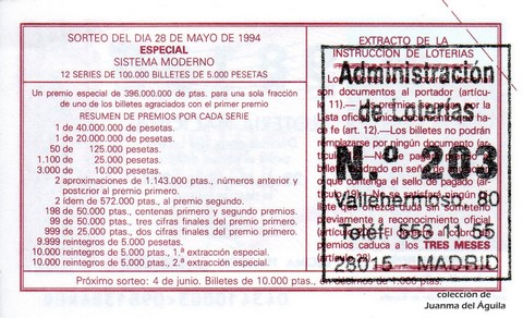 Reverso del décimo de Lotería Nacional de 1994 Sorteo 43