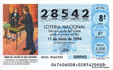 Décimo de Lotería Nacional de 1994 Sorteo 47 - «NIÑOS DEL COLEGIO DE SAN ILDEFONSO»