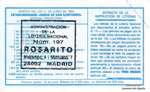 Reverso del décimo de Lotería Nacional de 1994 Sorteo 47
