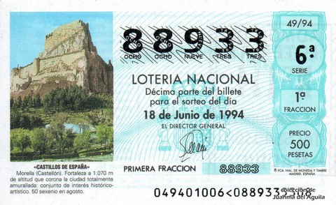 Décimo de Lotería Nacional de 1994 Sorteo 49 - «CASTILLOS DE ESPAÑA» - MORELLA (CASTELLÓN)