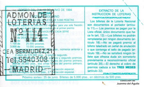 Reverso décimo de Lotería 1994 / 49
