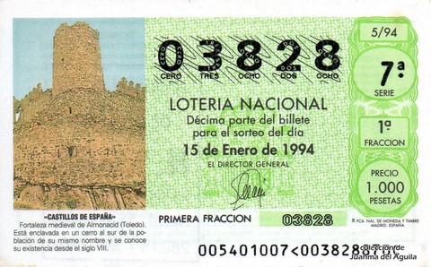 Décimo de Lotería Nacional de 1994 Sorteo 5 - «CASTILLOS DE ESPAÑA» - FORTALEZA MEDIEVAL DE ALMONACID (TOLEDO)