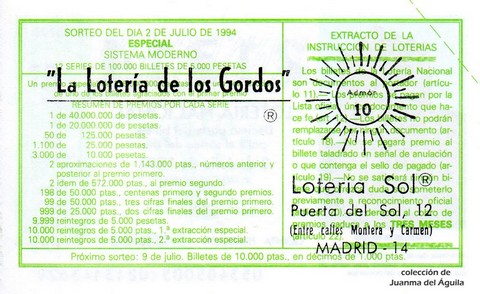 Reverso décimo de Lotería 1994 / 53