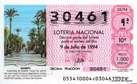 Décimo de Lotería Nacional de 1994 Sorteo 55 - «ALICANTE»