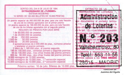 Reverso del décimo de Lotería Nacional de 1994 Sorteo 55