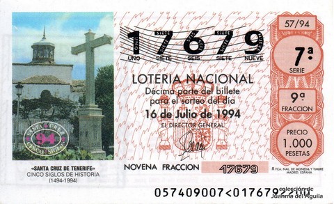 Décimo de Lotería Nacional de 1994 Sorteo 57 - «SANTA CRUZ DE TENERIFE» - <br>CINCO SIGLOS DE HISTORIA</br> (1494-1994)