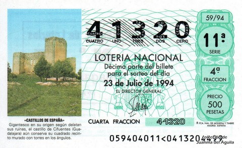 Décimo de Lotería Nacional de 1994 Sorteo 59 - «CASTILLOS DE ESPAÑA» - CASTILLO DE CIFUENTES (GUADALAJARA)
