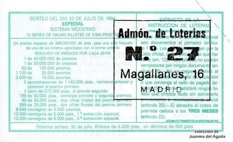 Reverso del décimo de Lotería Nacional de 1994 Sorteo 59