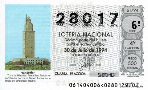 Décimo de Lotería Nacional de 1994 Sorteo 61 - «LA CORUÑA» - TORRE DE HÉRCULES