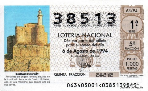 Décimo de Lotería Nacional de 1994 Sorteo 63 - «CASTILLOS DE ESPAÑA» - FORTALEZA DE CASTRO URDIALES (CANTABRIA)