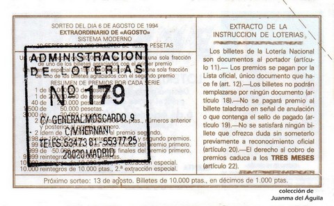 Reverso del décimo de Lotería Nacional de 1994 Sorteo 63