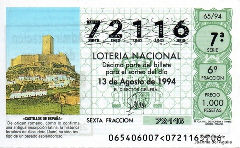 Décimo de Lotería Nacional de 1994 Sorteo 65 - «CASTILLOS DE ESPAÑA» - FORTALEZA DE ALCAUDETE (JAÉN)
