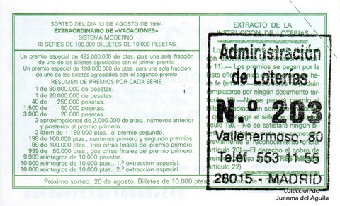 Reverso del décimo de Lotería Nacional de 1994 Sorteo 65