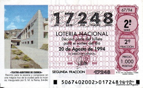 Décimo de Lotería Nacional de 1994 Sorteo 67 - «TEATRO-AUDITORIO DE CUENCA»