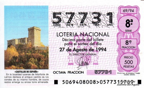 Décimo de Lotería Nacional de 1994 Sorteo 69 - «CASTILLOS DE ESPAÑA» - ANTIGUO CASTILLO DE MONFORTE DE LEMOS (LUGO)