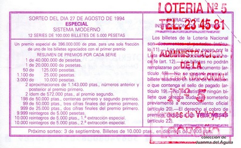 Reverso décimo de Lotería 1994 / 69