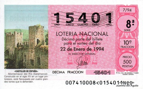 Décimo de Lotería Nacional de 1994 Sorteo 7 - «CASTILLOS DE ESPAÑA» - MONTEMAYOR DEL RÍO (SALAMANCA)