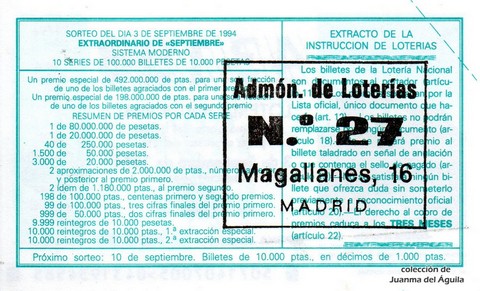 Reverso del décimo de Lotería Nacional de 1994 Sorteo 71