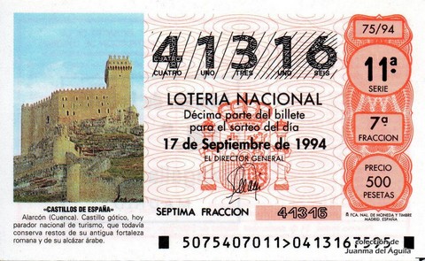 Décimo de Lotería Nacional de 1994 Sorteo 75 - «CASTILLOS DE ESPAÑA» - CASTILLO GÓTICO DE ALARCÓN (CUENCA)