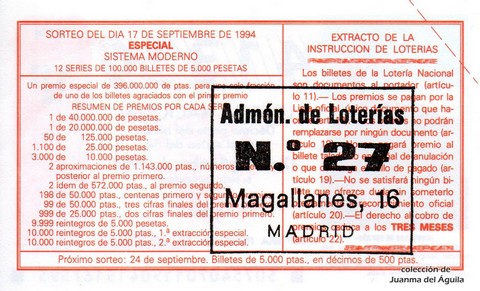 Reverso del décimo de Lotería Nacional de 1994 Sorteo 75