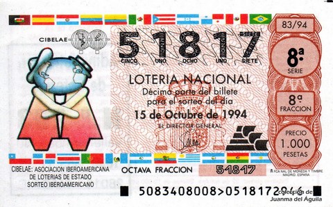 Décimo de Lotería Nacional de 1994 Sorteo 83 - CIBELAE: ASOCIACION IBEROAMERICANA DE LOTERIAS DE ESTADO
