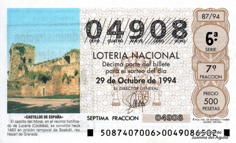 Décimo de Lotería Nacional de 1994 Sorteo 87 - «CASTILLOS DE ESPAÑA» - CASTILLO DEL MORAL EN LUCENA (CÓRDOBA)