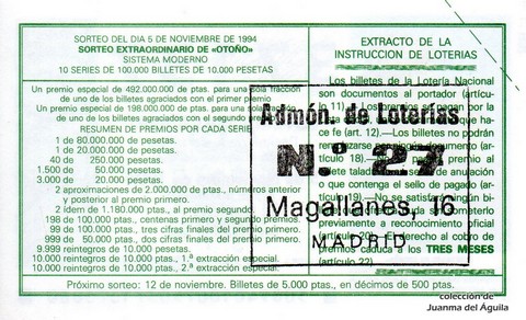 Reverso del décimo de Lotería Nacional de 1994 Sorteo 89