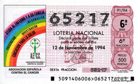 Décimo de Lotería Nacional de 1994 Sorteo 91 - ASOCIACION ESPAÑOLA CONTRA EL CANCER