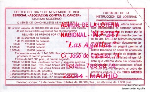 Reverso del décimo de Lotería Nacional de 1994 Sorteo 91