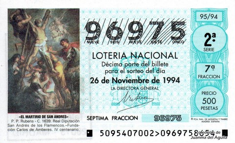 Décimo de Lotería Nacional de 1994 Sorteo 95 - «EL MARTIRIO DE SAN ANDRES»