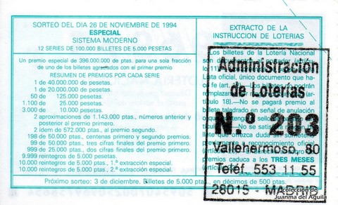 Reverso del décimo de Lotería Nacional de 1994 Sorteo 95