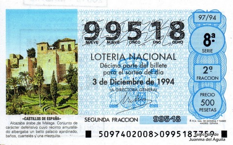 Décimo de Lotería Nacional de 1994 Sorteo 97 - «CASTILLOS DE ESPAÑA» - ALCAZABA ÁRABE DE MÁLAGA