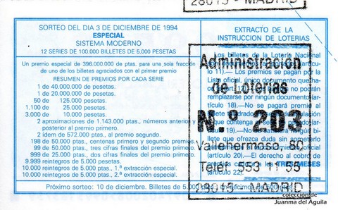 Reverso del décimo de Lotería Nacional de 1994 Sorteo 97
