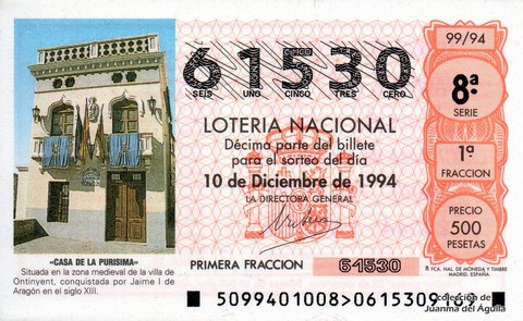 Décimo de Lotería Nacional de 1994 Sorteo 99 - «CASA DE LA PURISIMA»