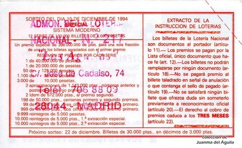 Reverso del décimo de Lotería Nacional de 1994 Sorteo 99