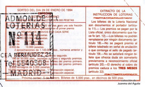 Reverso del décimo de Lotería Nacional de 1994 Sorteo 9
