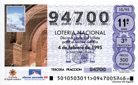 Décimo de Lotería Nacional de 1995 Sorteo 10 - GRANADA, EL LEGADO ANDALUSÍ. SIERRA NEVADA ´95