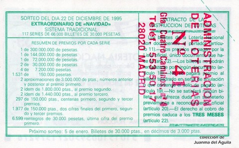 Reverso del décimo de Lotería Nacional de 1995 Sorteo 101